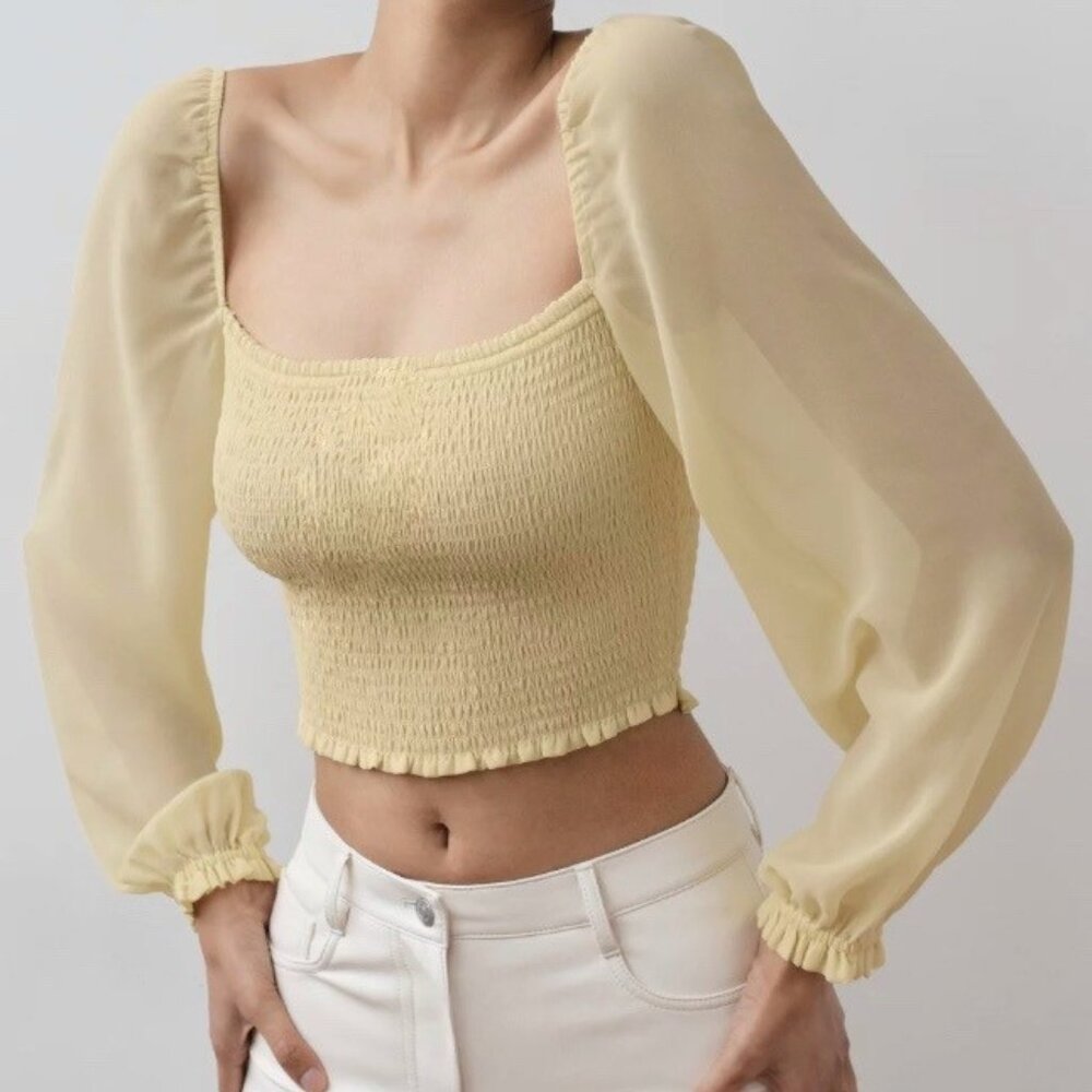 Aritzia Wilfred Yellow Saga Smocked Chiffon Mesh Blouse Top